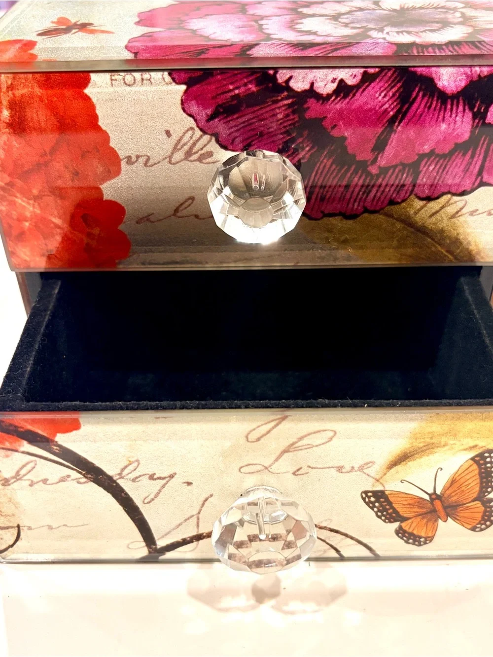 Decorative Floral Butterfly Two-Drawer Jewelry Box - Pink & Orange 6 x 4.5”